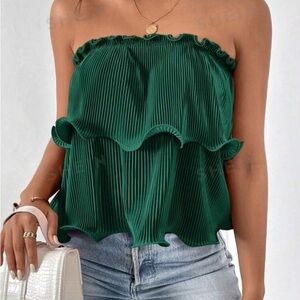 Forest Green Ribbed Flowy Tube Top Strapless Top Ruffles
